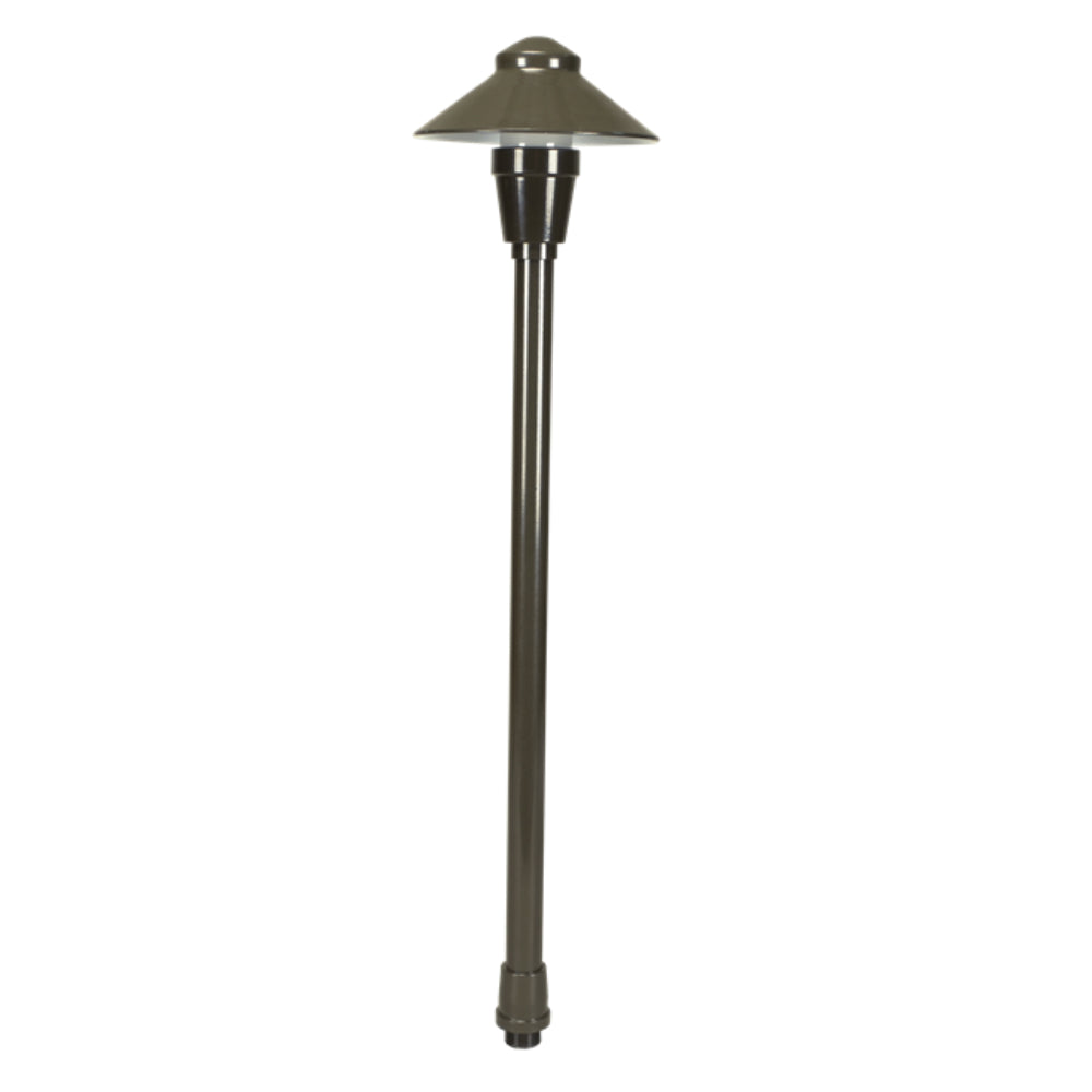 Three-quarter view of Unique Proton path light with 12-inch aluminum riser and 5-inch shroud in black finish, shown without a bulb, outdoor fixture.