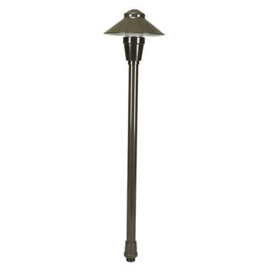 Three-quarter view of Unique Proton path light with 12-inch aluminum riser and 5-inch shroud in black finish, shown without a bulb, outdoor fixture.