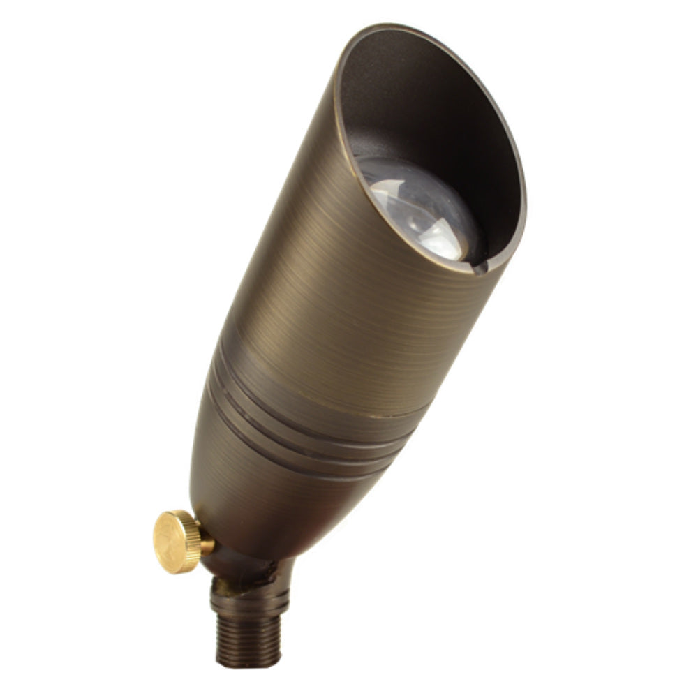 Pulsar brass up light fixture in Weathered Brass finish, shroud, adjustable knuckle and stake mount (no lamp included)