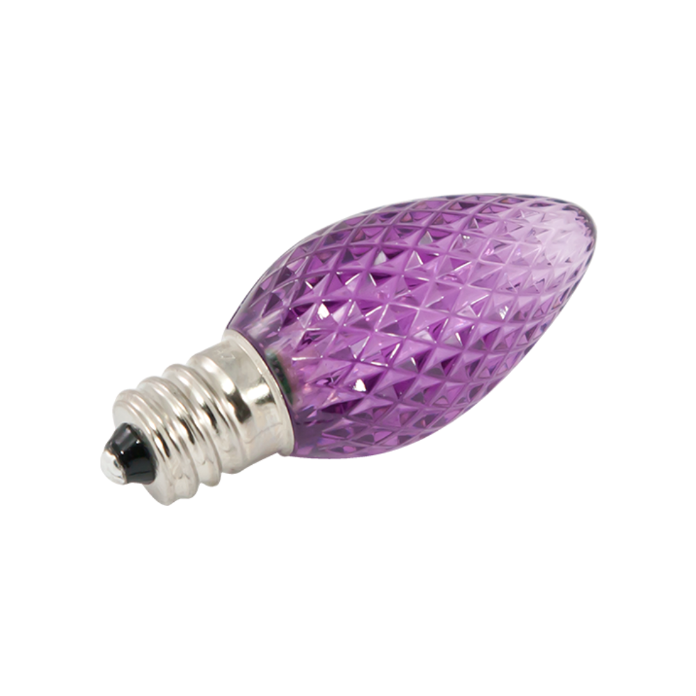 Purple faceted C7 LED bulb with E12 candelabra base and polycarbonate lens; approx 2.09 in long, perfect for colorful holiday displays.
