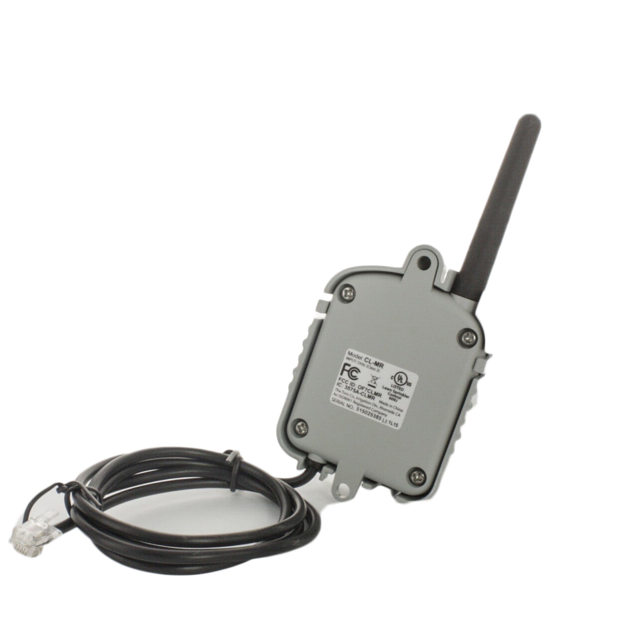 Irritrol R-100-KIT packaging and components shown together: transmitter, receiver and CMR-ADP cable adapter for installer reference.