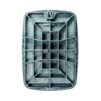 Angled view of the Rain Bird VBJMBL green HDPE jumbo lid illustrating knock-out provision, flange design, and lightweight construction for easy removal.
