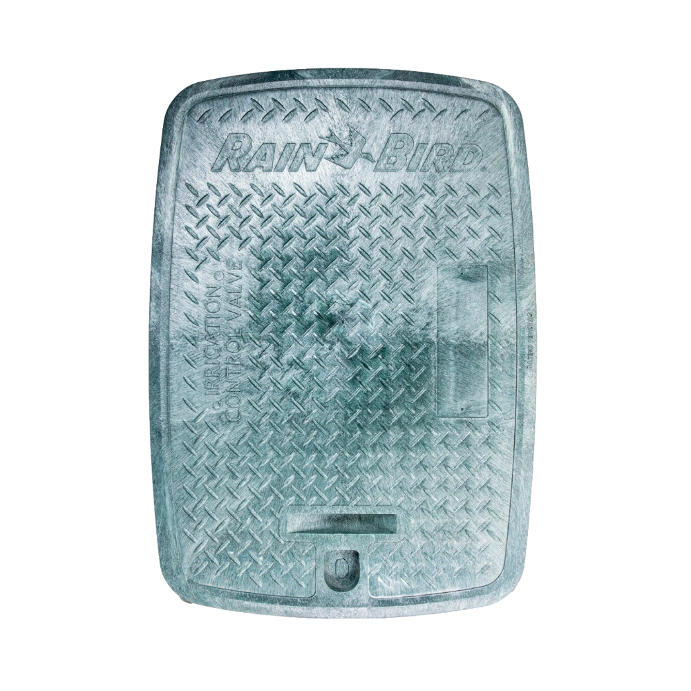 Top view of Rain Bird VBJMBL jumbo valve box lid in green HDPE, showing ribbed surface, beveled flange, and secure seating features.