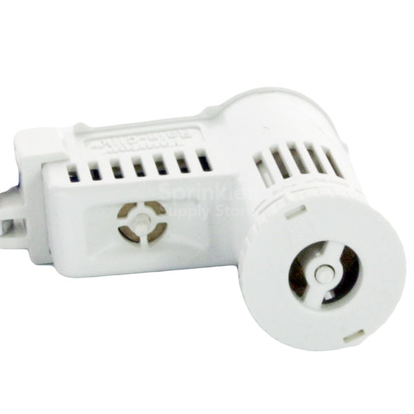 Hunter Rain-Clik installed on a gutter mount showing mounting option, metal extension arm, and visible wire connection for easy controller installation.