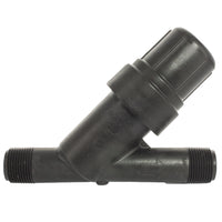 Front view of Rain Bird RBY075MPTX 3/4-inch inline screen filter showing threaded male fittings, cap and body assembly for drip systems.