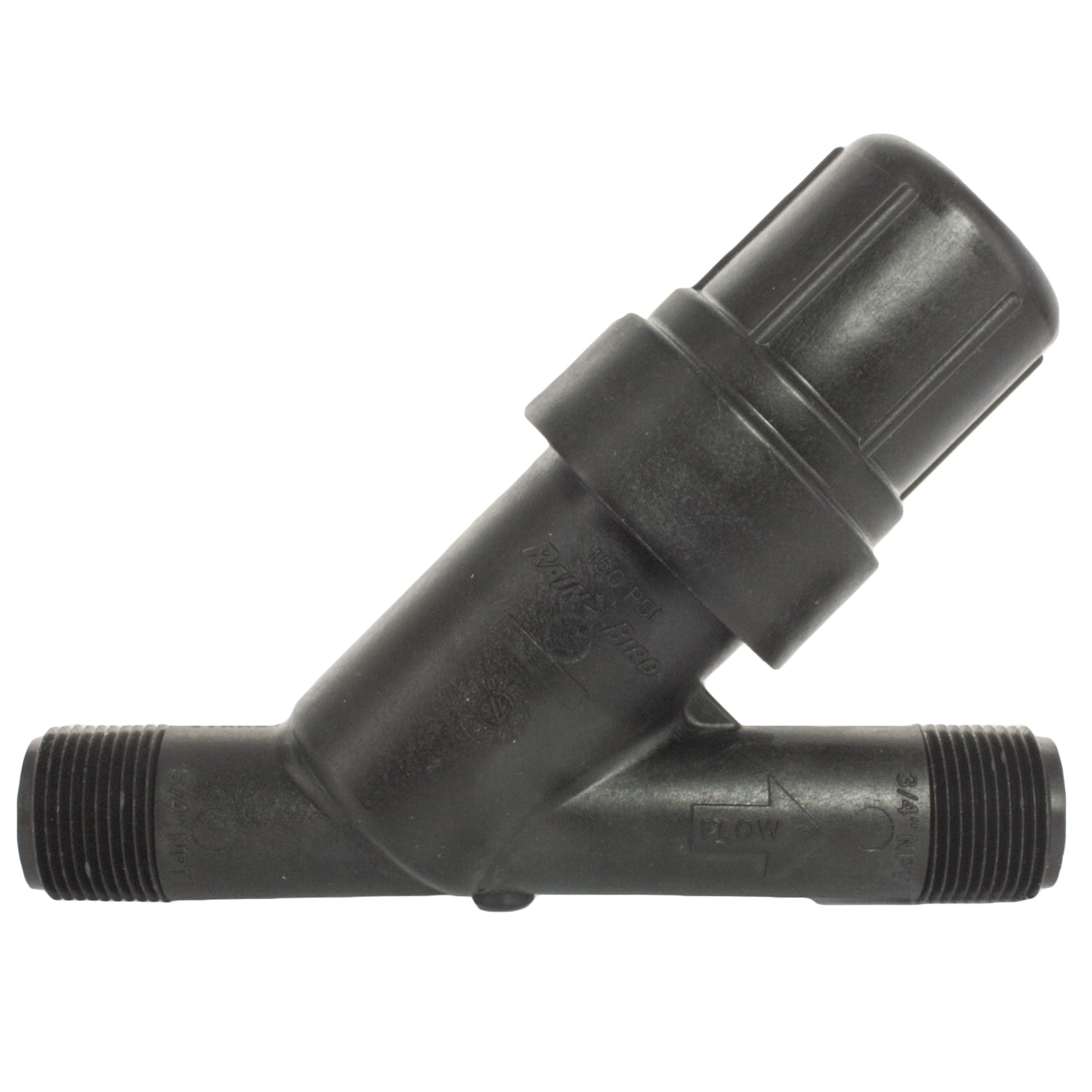 Front view of Rain Bird RBY075MPTX 3/4-inch inline screen filter showing threaded male fittings, cap and body assembly for drip systems.