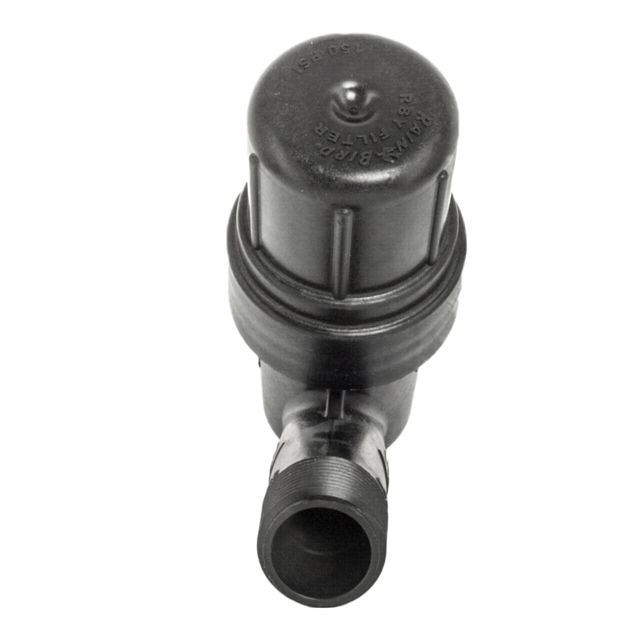 Side view of RBY075MPTX inline screen filter highlighting the glass-filled polypropylene body and stainless steel mesh element housing.