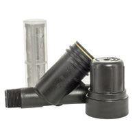 Assembled inline filter installed orientation view, showing inlet/outlet alignment and compact profile for landscape drip applications.