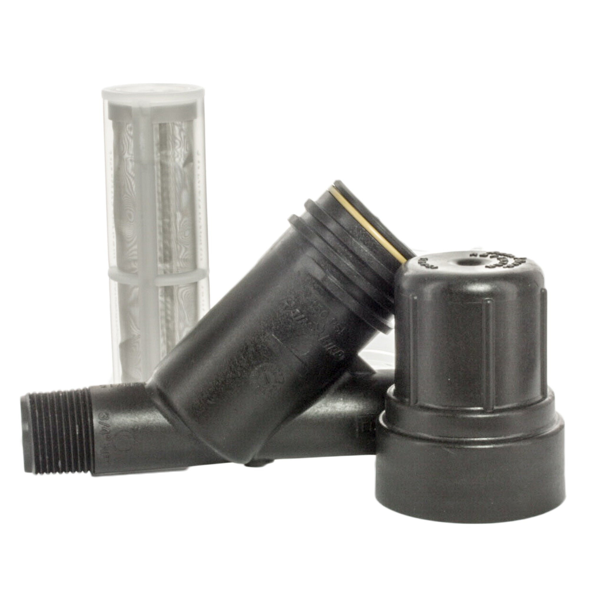 Assembled inline filter installed orientation view, showing inlet/outlet alignment and compact profile for landscape drip applications.