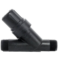 Rain Bird RBY100MPTX 1 in. inline WYE filter showing polypropylene body and 200 mesh stainless-steel screen.