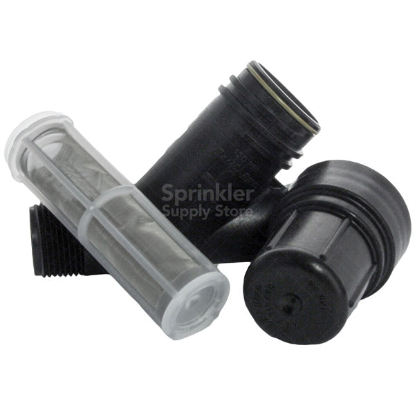 Close-up of Rain Bird RBY100MPTX cap and O-ring; cap unthreads to expose the stainless-steel 200 mesh screen for cleaning.