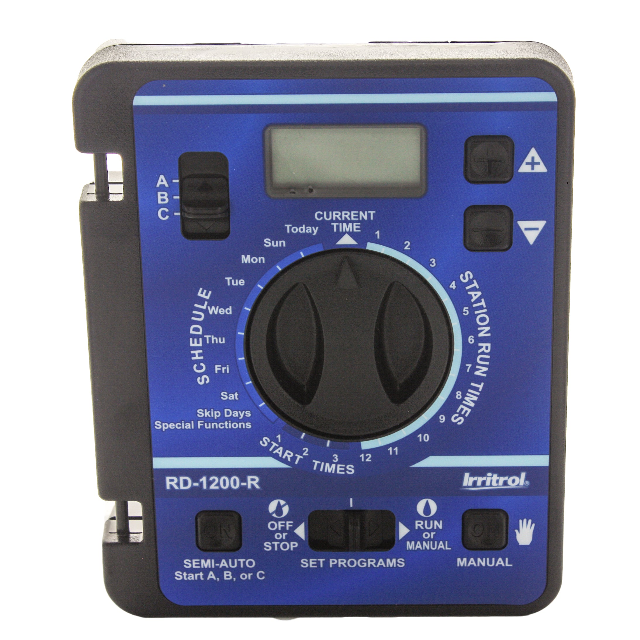 Front view of RD12-MOD-R replacement front panel showing dial, buttons and display for 12-station Rain Dial-R.