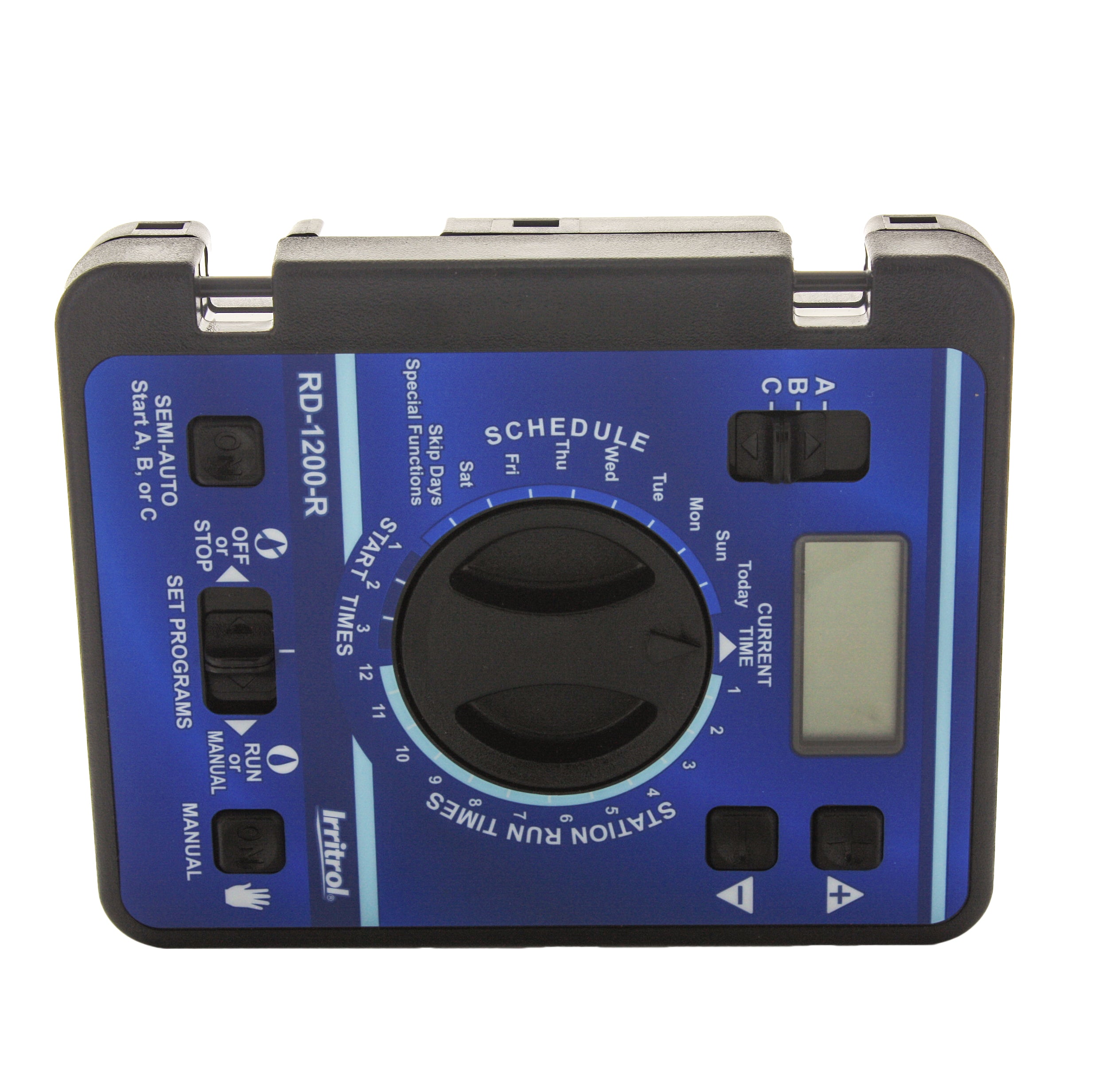 Angled view of RD12-MOD-R replacement module showing mounting points and connector area for Rain Dial-R 12-station installation.