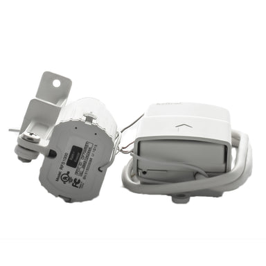 Close-up of the Irritrol RFS1000 transmitter showing adjustable rainfall cap, spindle, Quick-Clip™ gutter bracket, and antenna lead for mounting.