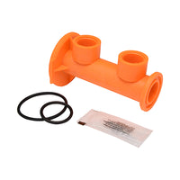 Close-up of Wilkins RK1-375BOF 1-inch blow-out/flush housing with inlet and outlet O-rings visible in repair kit.