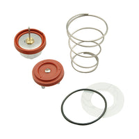 Zurn Wilkins RK1-720A repair kit components laid out on white background: poppet, spider assembly, spring, bonnet washer, O-ring, and mounting hardware.
