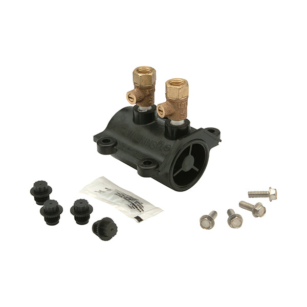 Product image of Wilkins RK34-350V housing assembly repair kit showing replacement vessel, check modules, O-rings, screws.