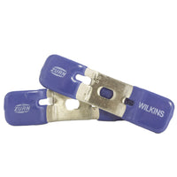 Pair of blue 3/4-inch Wilkins RK34-BVHDSS stainless steel ball valve handles shown with included stainless retaining nuts, side view.