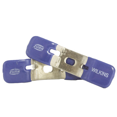 Pair of blue 3/4-inch Wilkins RK34-BVHDSS stainless steel ball valve handles shown with included stainless retaining nuts, side view.