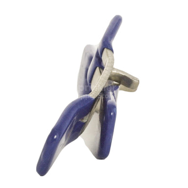 Close-up of Wilkins RK34-BVHDSS blue stainless steel ball valve handle and stainless nut, highlighting stem interface and finish.