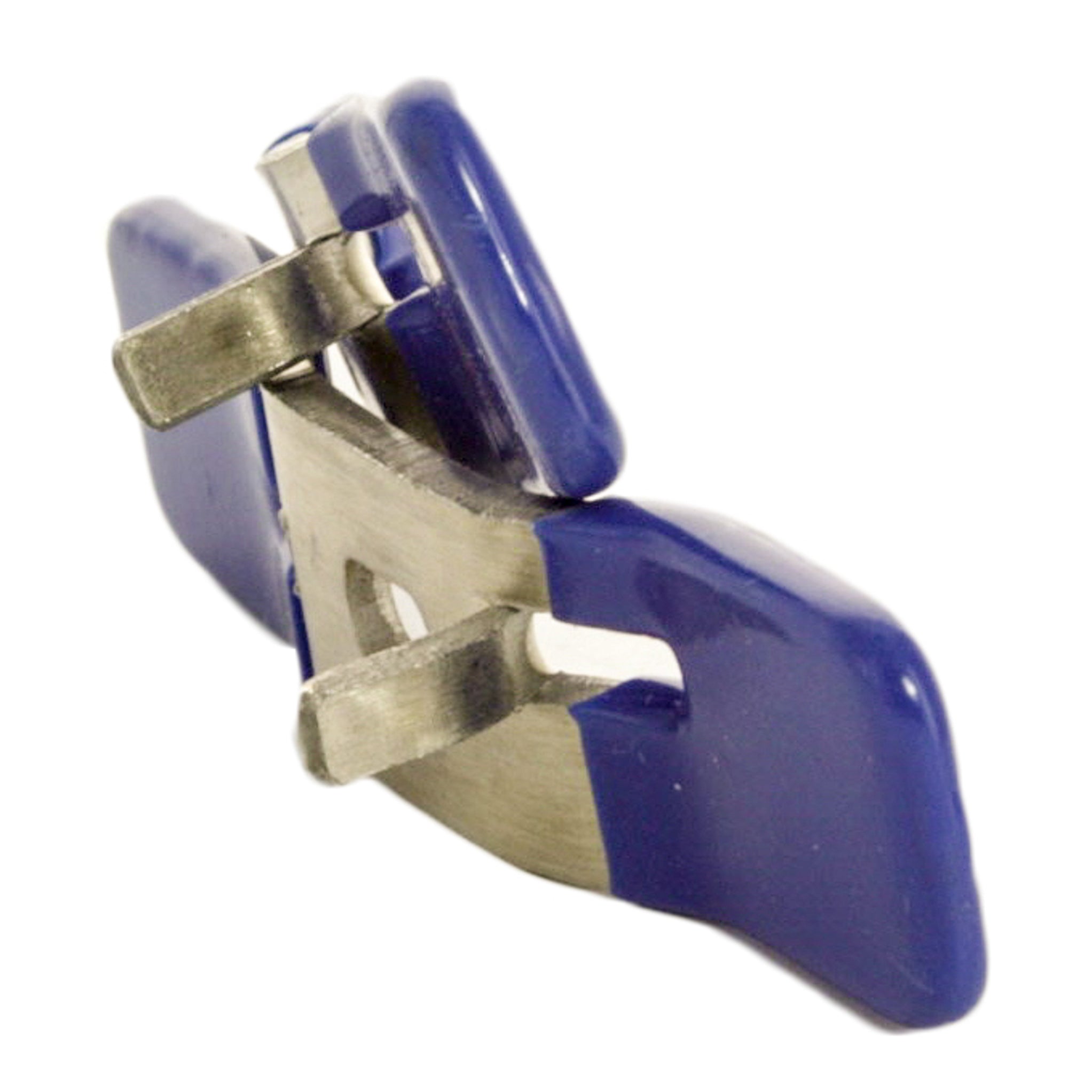 Angled view of the pair of Wilkins RK34-BVHDSS stainless steel ball valve handles with nuts, illustrating size and blue color.