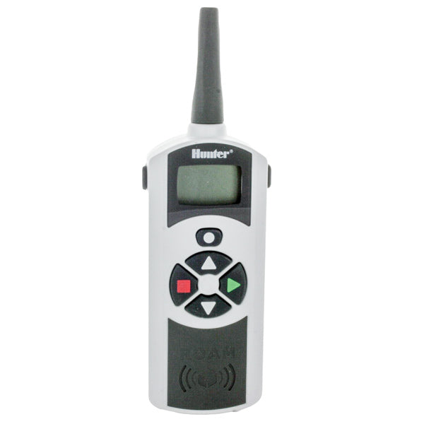 Front view of Hunter ROAM-TR handheld transmitter showing LCD display, control buttons and antenna; portable 4 AAA battery remote for irrigation controllers.