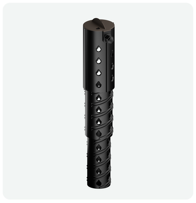 Root Quencher® assembled device with three telescoping chambers extended, showing adjustable depth range, removable vented cap, and flow-control features.