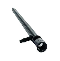 Close-up of RS025T threaded outlet and barbed side inlet, highlighting the UV-resistant plastic construction and tubing connection points for 1/4 in. tubing.
