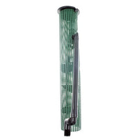 Front view of Hunter RZWS1825CV 18-inch Root Zone Watering System showing green cylinder, locking grate, and factory 0.25 GPM bubbler installed.
