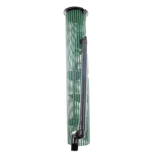 Front view of Hunter RZWS1825CV 18-inch Root Zone Watering System showing green cylinder, locking grate, and factory 0.25 GPM bubbler installed.