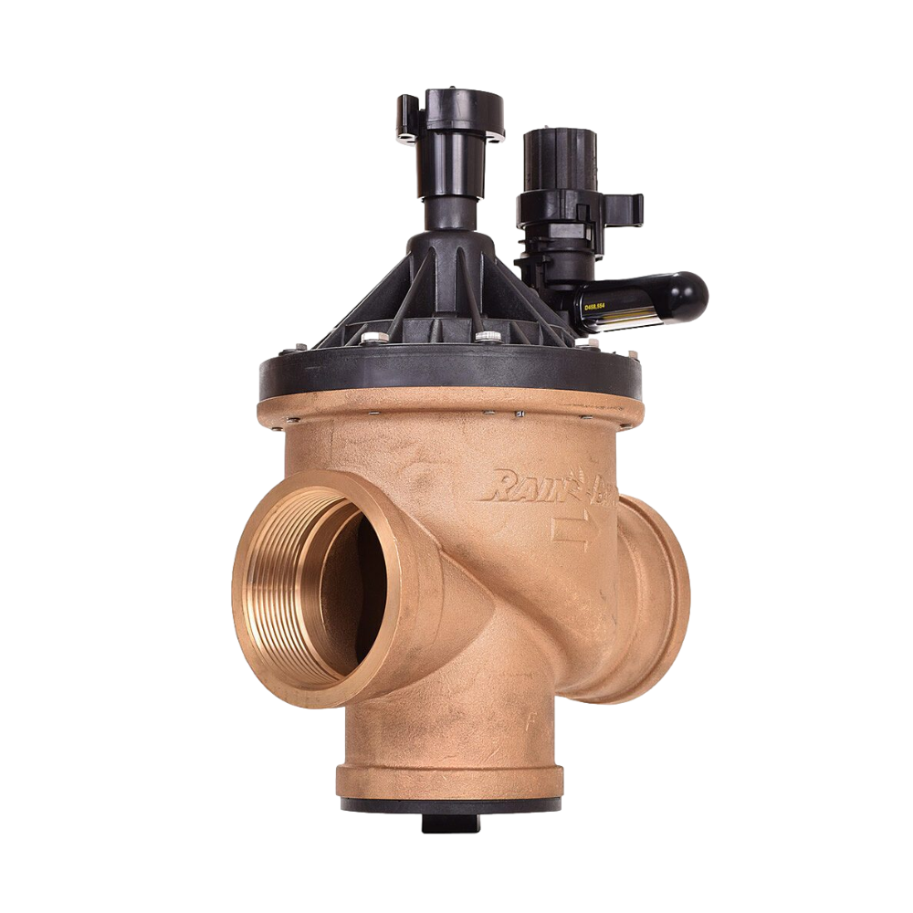 Side view of Rain Bird 300-BPES 3" valve displaying inlet/outlet threads, flow-control handle, and scrubber access for maintenance.