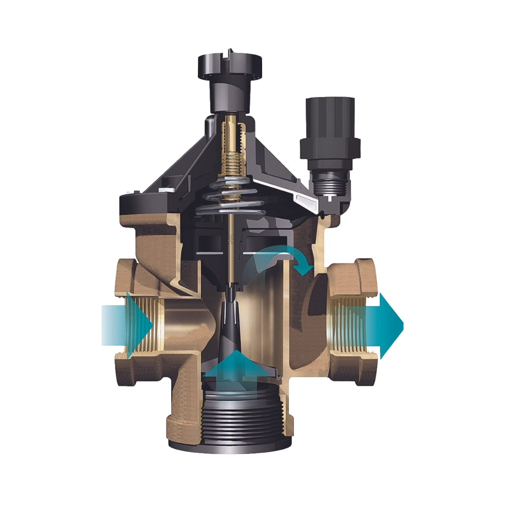 Cutaway-style image of Rain Bird 300-BPES showing internal scrubber mechanism, stainless screen, and solenoid location for service.