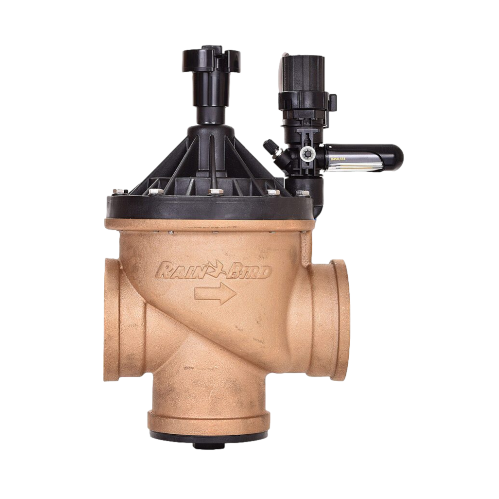 Front view of Rain Bird 300-BPES 3" brass irrigation valve showing red-brass body, glass-filled nylon bonnet, and purple flow-control handle.