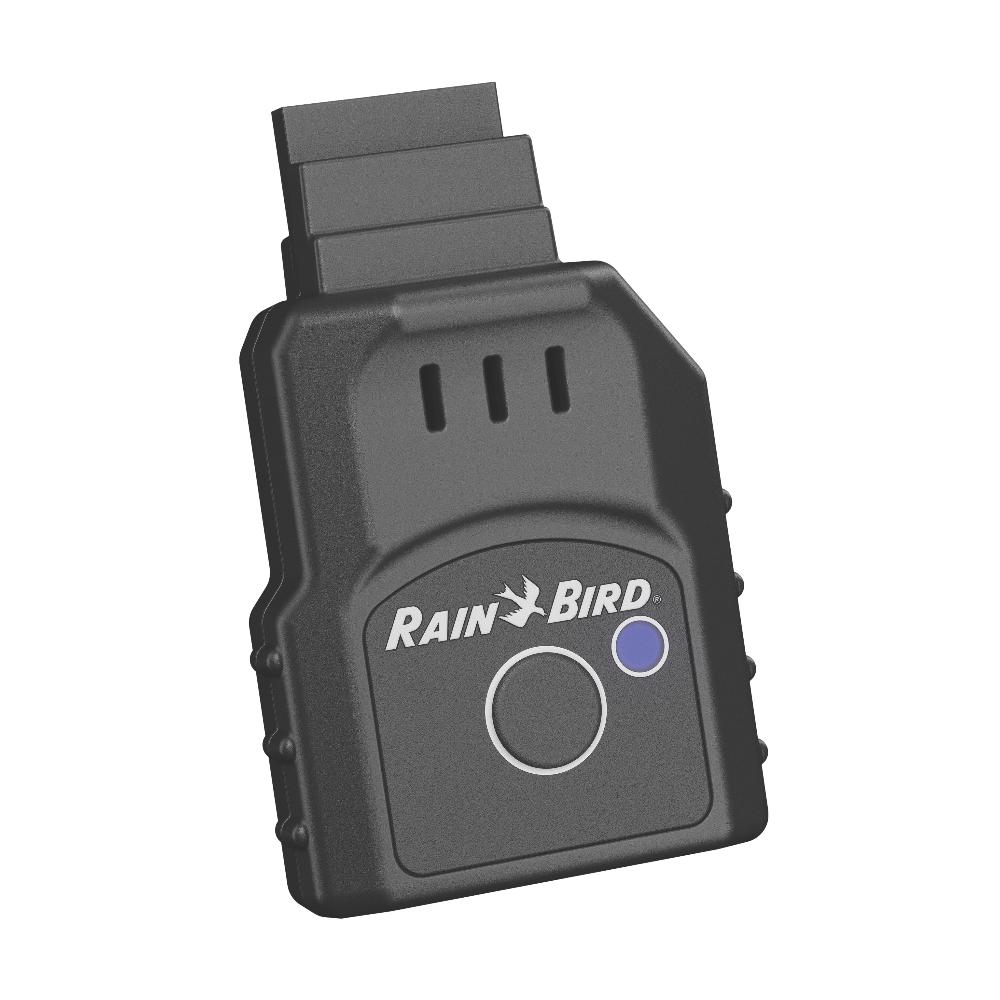 Front view of the Rain Bird LNK2 WiFi module showing connector pins, compact plastic housing, and mounting profile for controllers.
