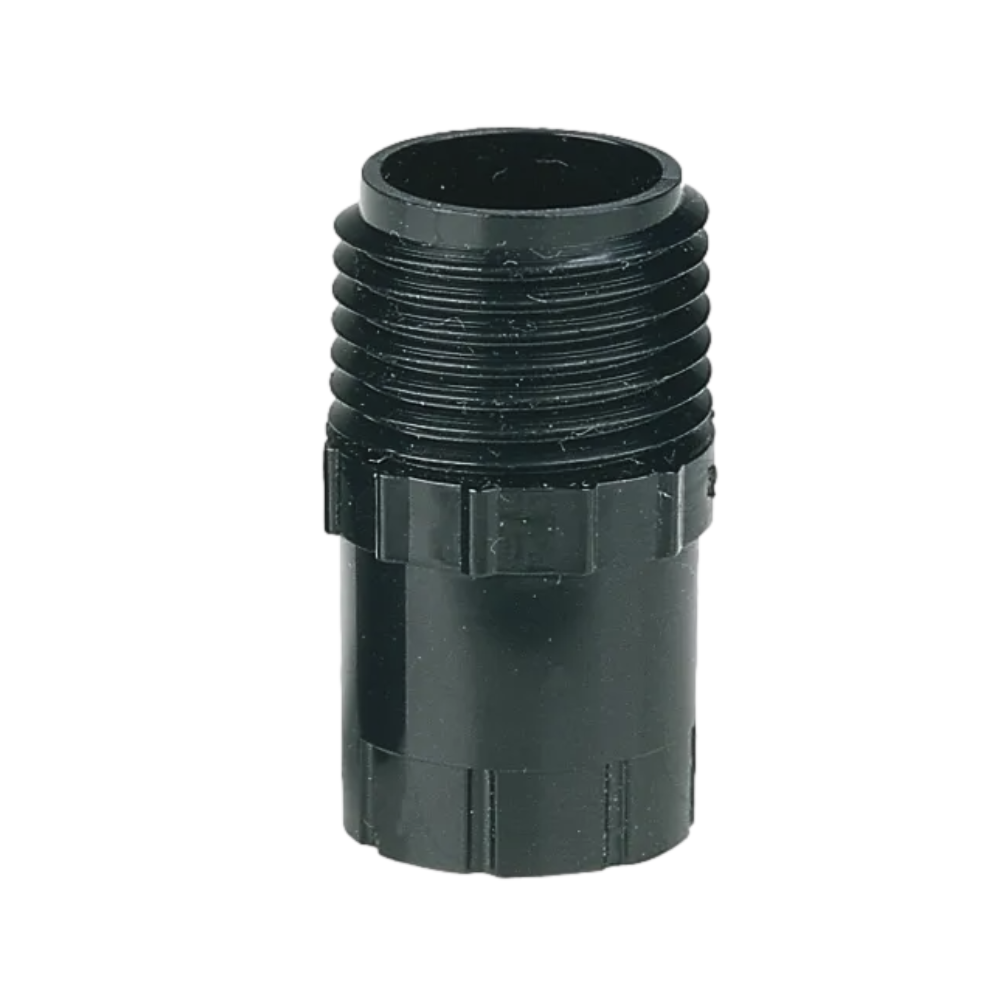 Rain Bird PA80 plastic adapter mounted on a pop-up sprinkler stem, showing 1/2 in. MPT threading and compact profile.