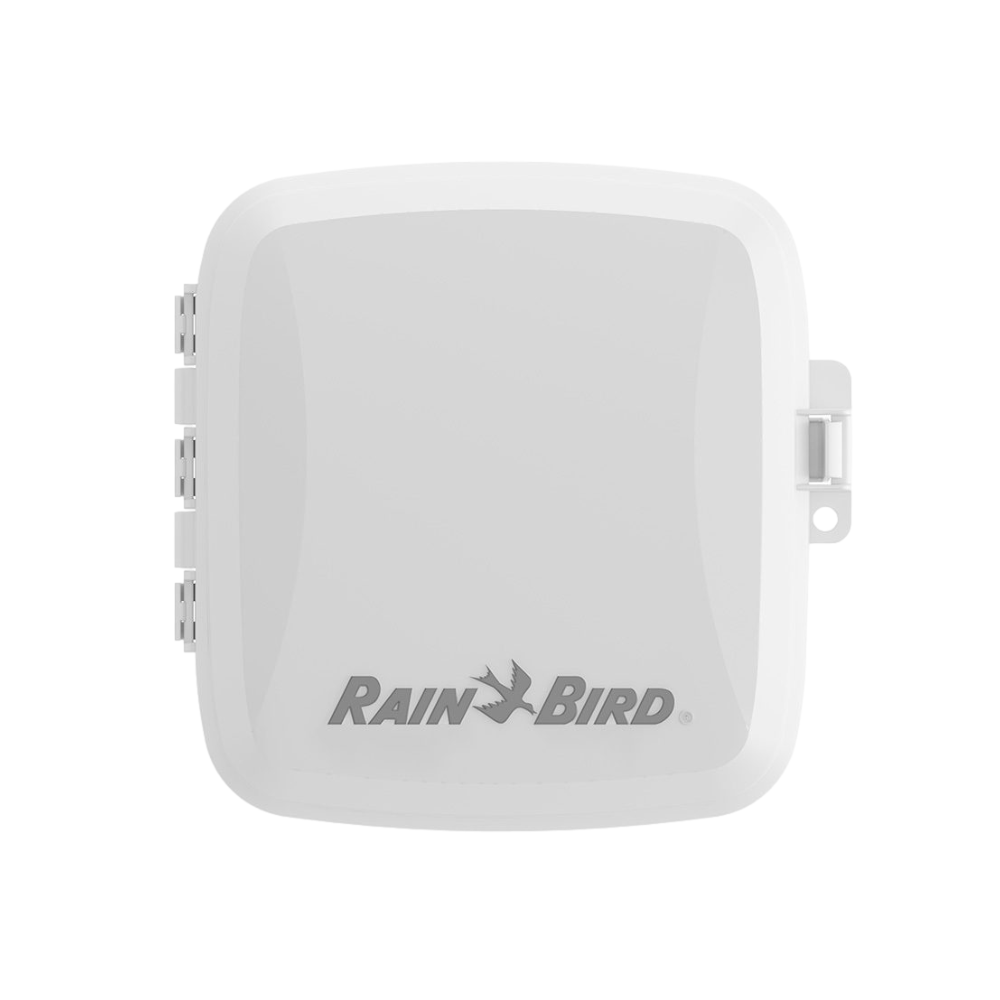 Close-up of Rain Bird RC2 controller showing keypad, LCD display, and quick-pair WiFi indicator for setup and status.