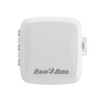 Close-up of Rain Bird RC2 controller showing keypad, LCD display, and quick-pair WiFi indicator for setup and status.
