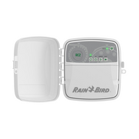 Front view of Rain Bird RC2 8-station smart WiFi irrigation controller mounted on a plain background, model label and status LEDs visible.