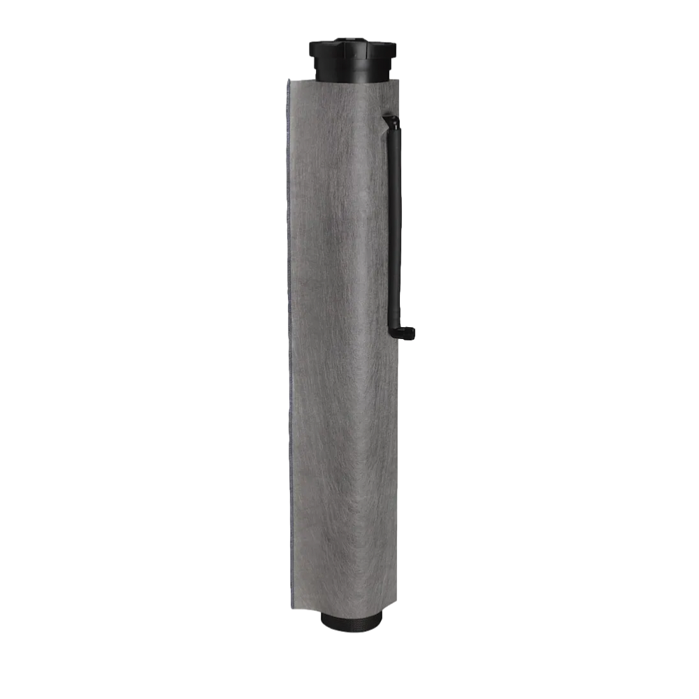 Rain Bird RWSSOCK sand sock fitted over a root watering system cylinder, showing full coverage and protective filter barrier.
