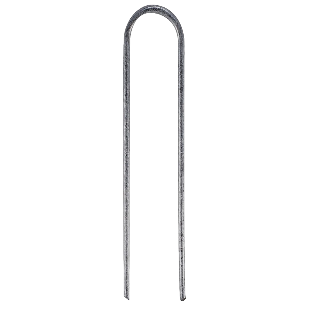 Rain Bird TDS6050 galvanized 6-inch tie-down stakes, 50 per bag, showing pointed tips and bent head for securing drip tubing.