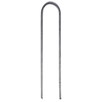 Rain Bird TDS6050 galvanized 6-inch tie-down stakes, 50 per bag, showing pointed tips and bent head for securing drip tubing.