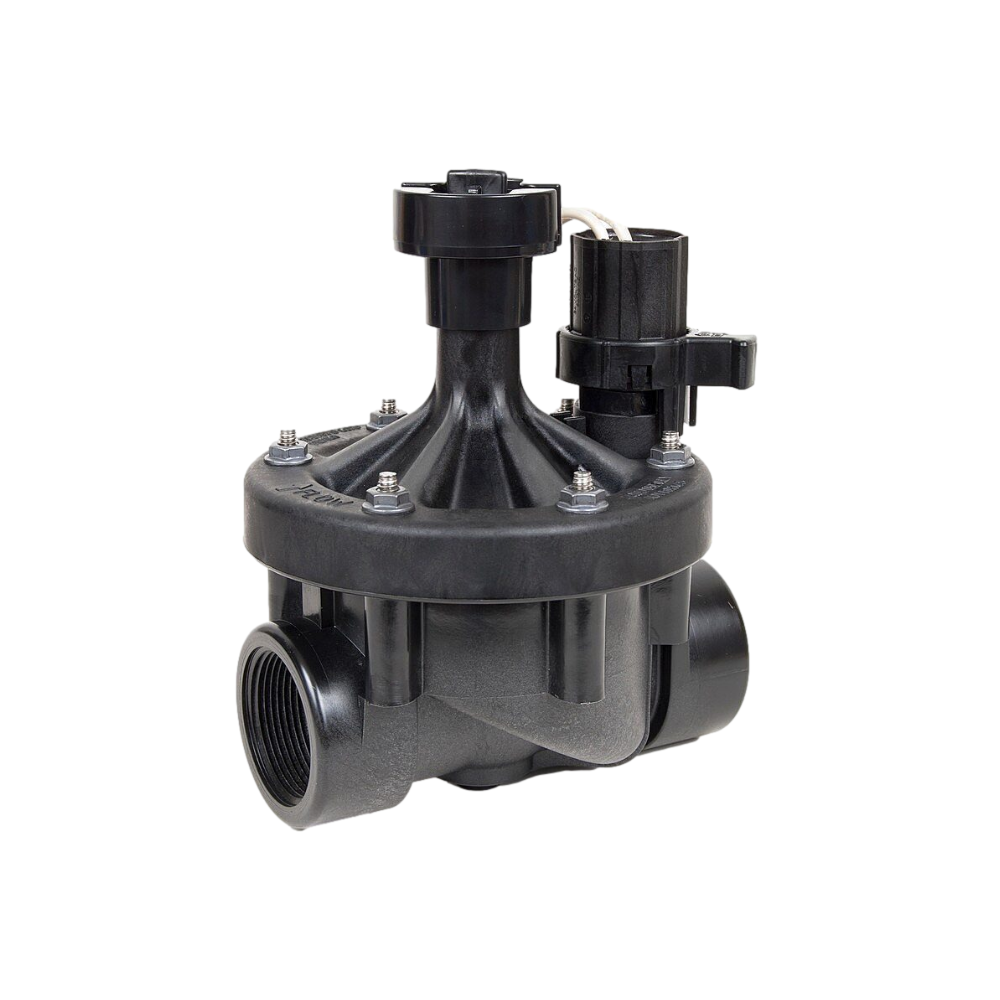 Rain Bird 200PEBIVM 2" FIPT industrial irrigation valve with IVM solenoid, image shows top-mounted solenoid and flow control handle.