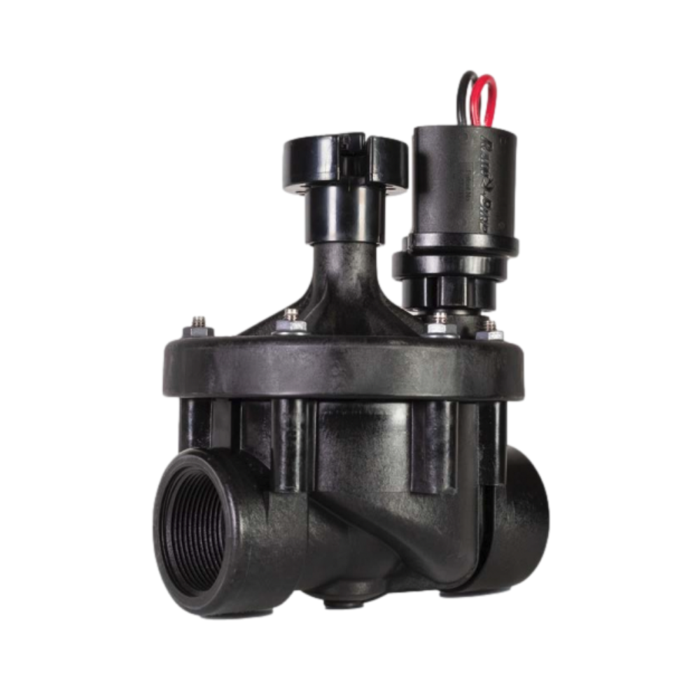 Front view of Rain Bird 100PEBIVM industrial irrigation valve (1" FIPT) showing glass-filled nylon body and IVM solenoid assembly, black finish.