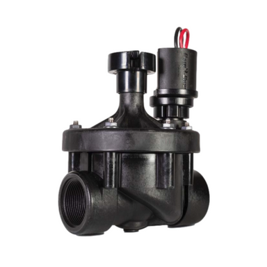Front view of Rain Bird 100PEBIVM industrial irrigation valve (1" FIPT) showing glass-filled nylon body and IVM solenoid assembly, black finish.