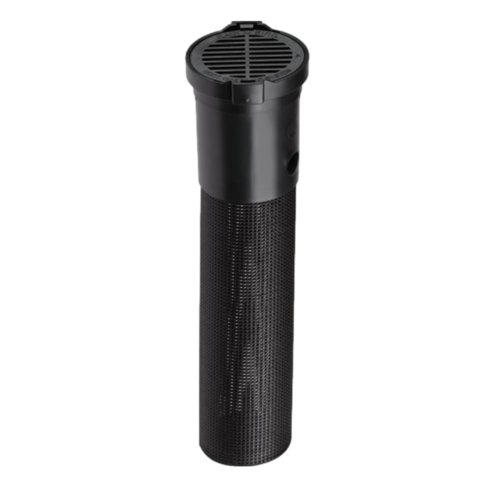 Rain Bird RWS assembly showing 18-inch semi-rigid mesh tube, 0.5 GPM bubbler riser and 4-inch locking grate for below-grade irrigation.