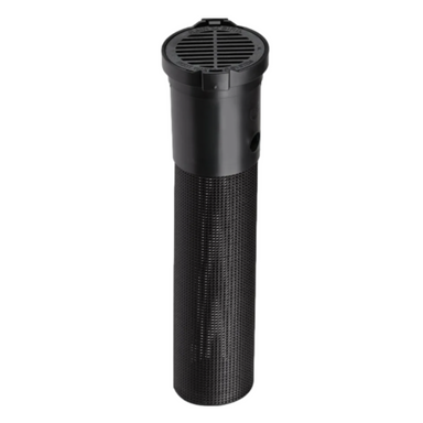 Rain Bird RWS assembly showing 18-inch semi-rigid mesh tube, 0.5 GPM bubbler riser and 4-inch locking grate for below-grade irrigation.