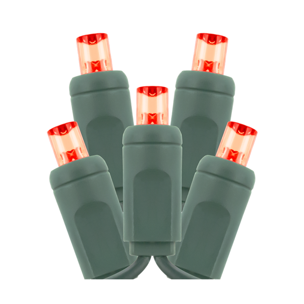 Red 5mm LED light strand on green wire coiled in packaging, showing fused stacked plug and durable plastic sockets.