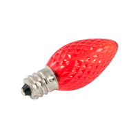 Red faceted C7 LED bulb with E12 candelabra base and polycarbonate lens; approx 2.09 in long, designed for vibrant holiday string lighting.