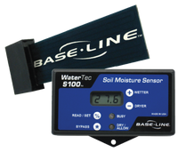 Baseline WaterTec S100 monitor front view with digital display and control buttons beside the BL-WTS100KIT biSensor probe, product image.