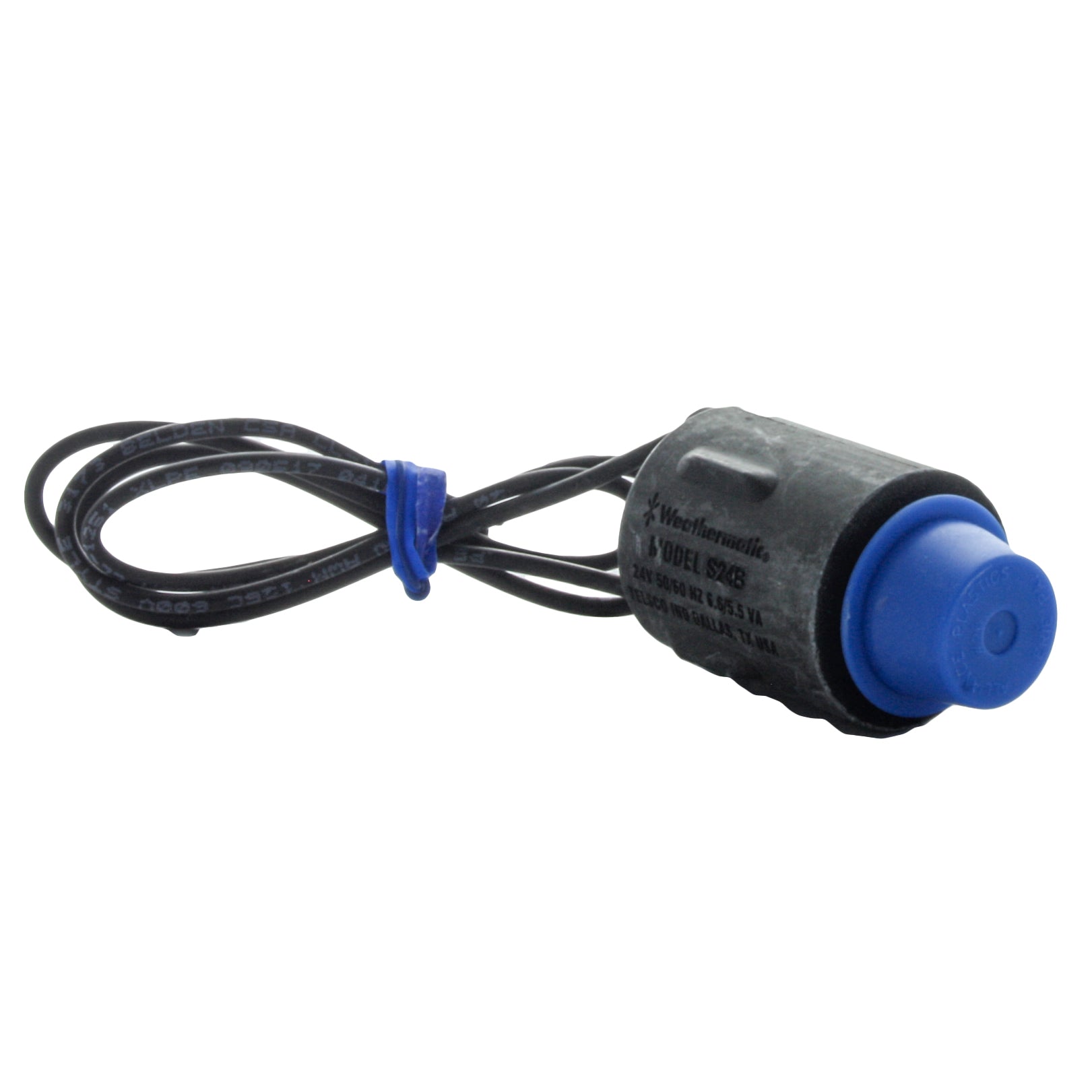 Close-up of the Weathermatic S24BSA showing the brass plunger tip and coil connection points, illustrating durable construction for long life.